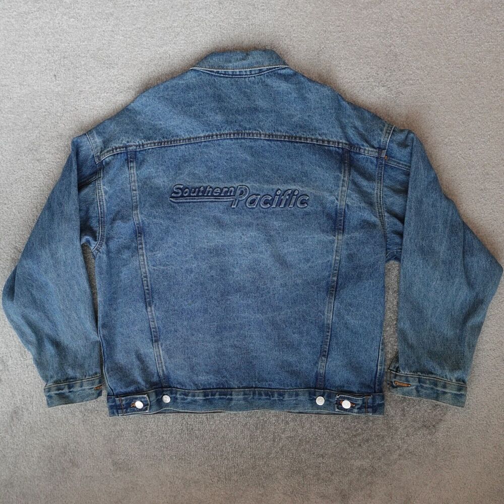 Vintage Tyca Jacket Men's L Large Blue Denim Embossed Graphic USA Made Trucker